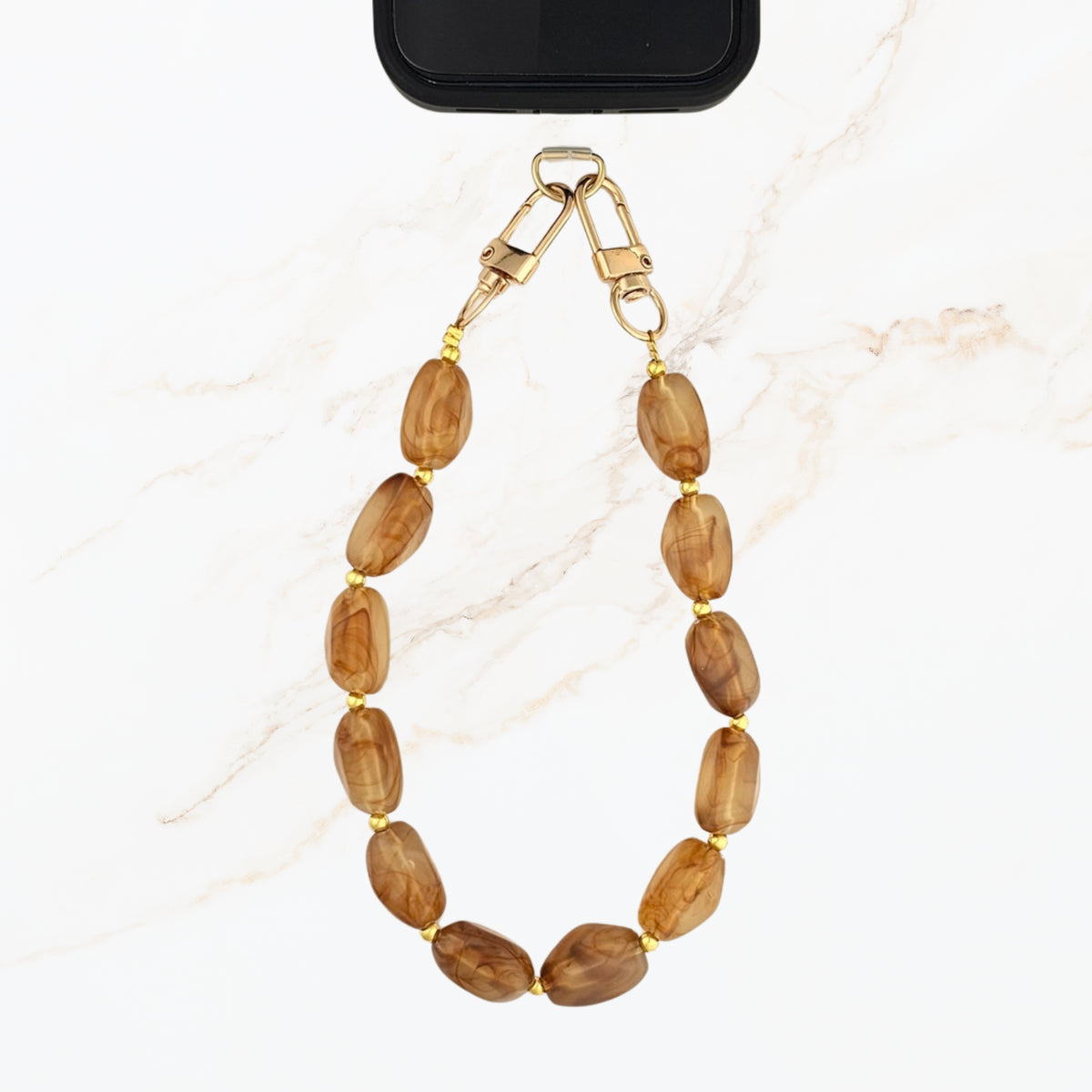 Bruine telefoonketting met grote stenen