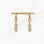 Elegante goudkleurige hangoorbellen met transparante gefacetteerde kristalkralen en subtiele gouden details. Stijlvolle dames oorbellen van Seyso.