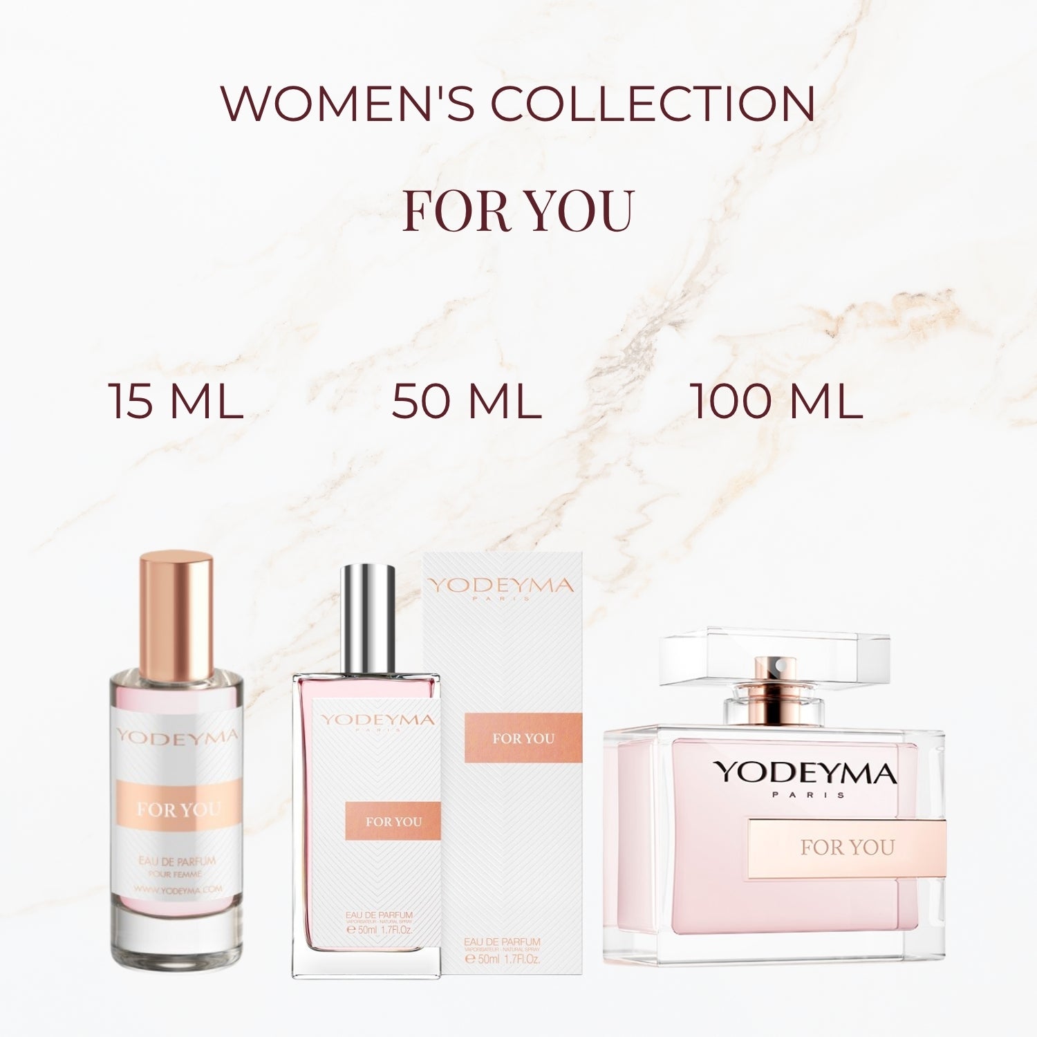 Seyso Yodeyma For You parfum dames zachte bloemige luxe geur verkrijgbaar in 15 ml 50 ml en 100 ml elegante glazen flacon roze tint