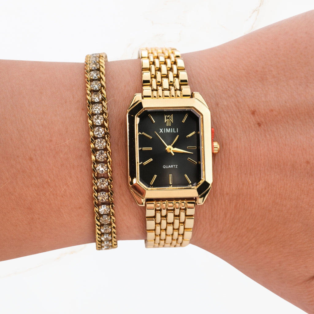 Seyso horloge met zwarte wijzerplaat en gouden band