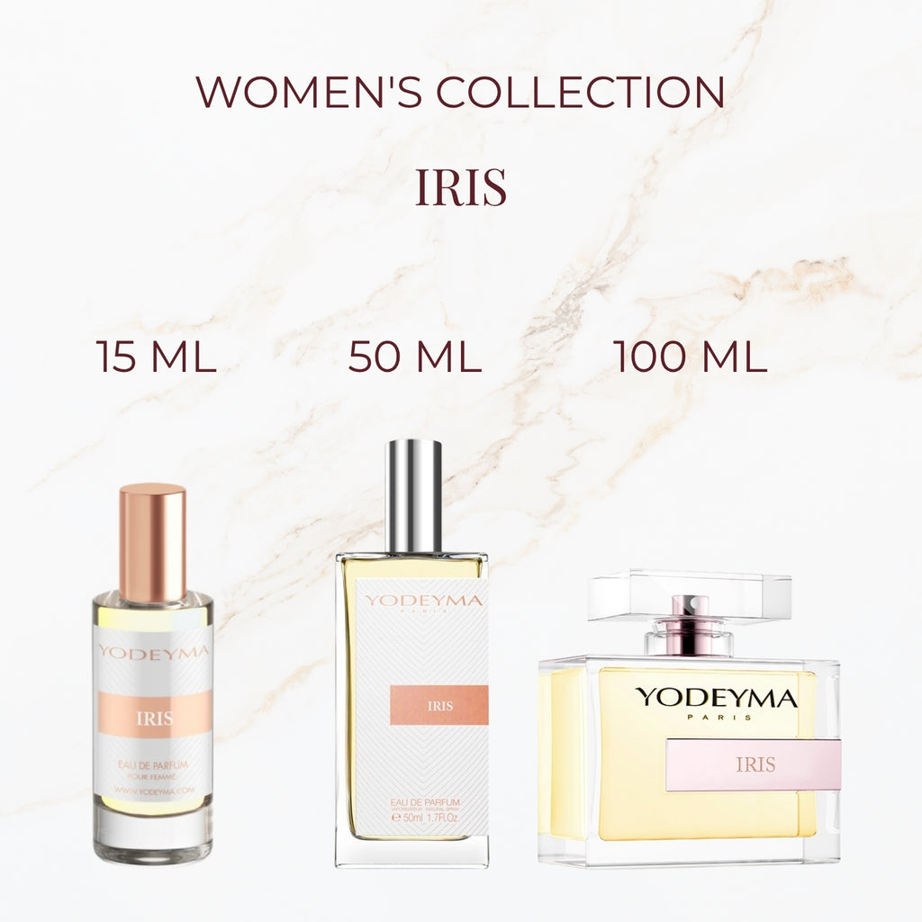 Seyso Yodeyma Iris parfum dames luxe zachte poederige geur met verpakking verkrijgbaar in 15 ml 50 ml en 100 ml elegante glazen flacon