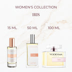 Seyso Yodeyma Iris parfum dames luxe zachte poederige geur met verpakking verkrijgbaar in 15 ml 50 ml en 100 ml elegante glazen flacon