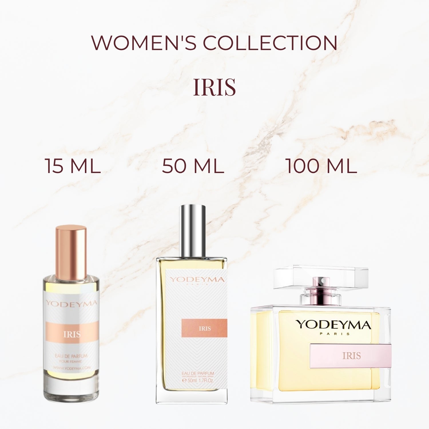 Seyso Yodeyma Iris parfum dames luxe zachte poederige geur met verpakking verkrijgbaar in 15 ml 50 ml en 100 ml elegante glazen flacon