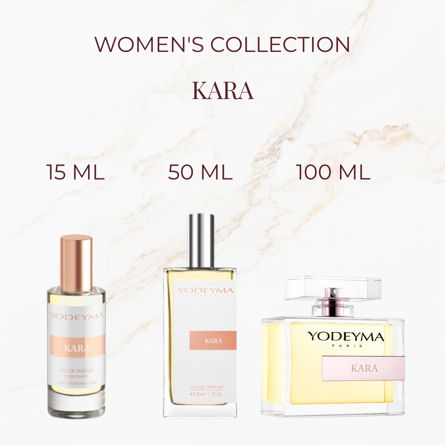 Seyso Yodeyma Kara parfum dames frisse en elegante luxe geur verkrijgbaar in 15 ml 50 ml en 100 ml stijlvolle glazen flacon lichtgele tint