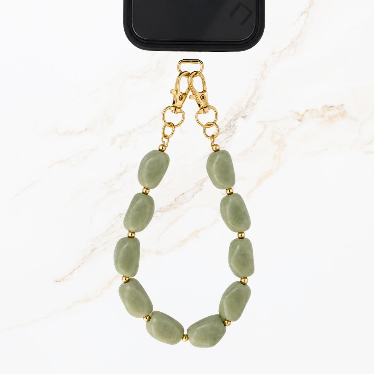 Groene telefoonkoord met kralen en gouden balletjes