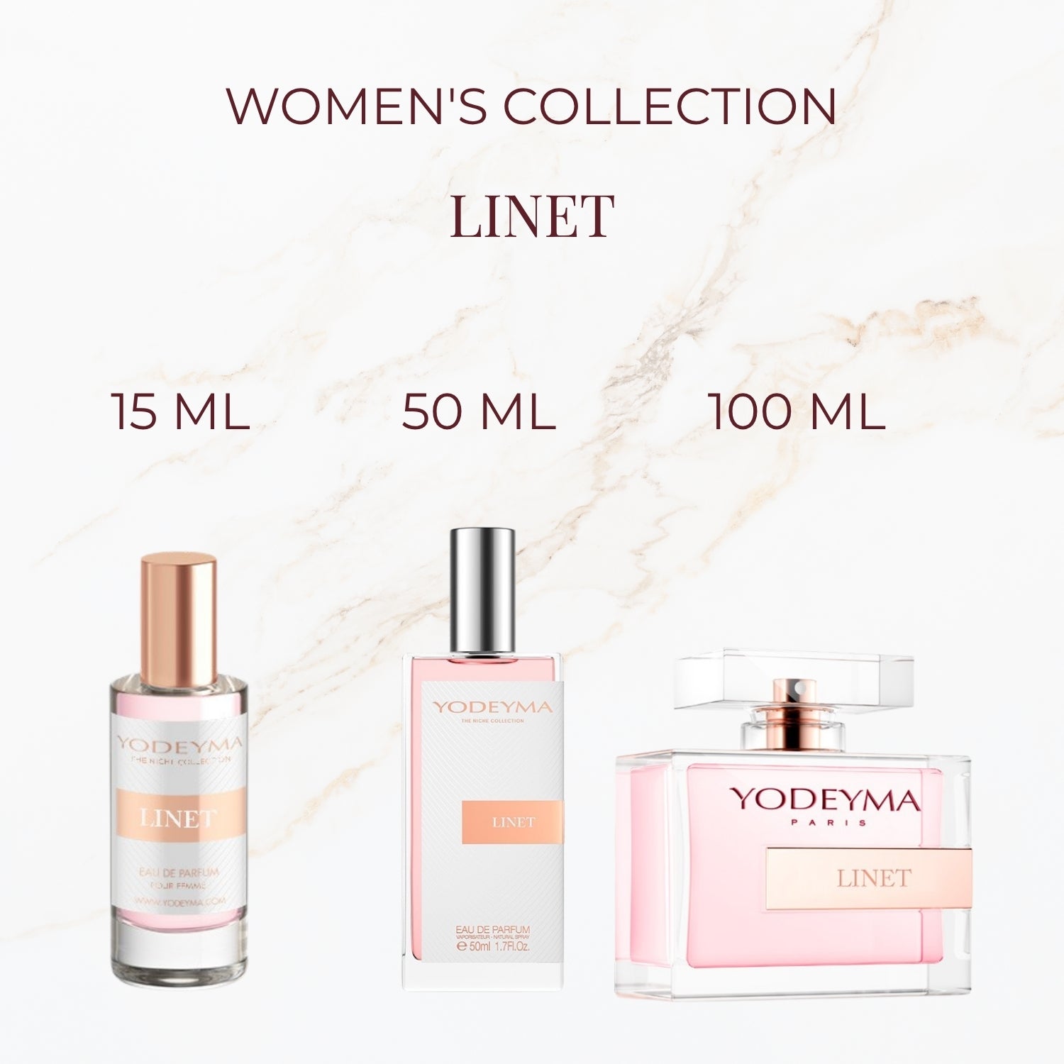 Seyso Yodeyma Linet parfum dames luxe bloemige en zachte geur verkrijgbaar in 15 ml 50 ml en 100 ml elegante glazen flacon roze tint