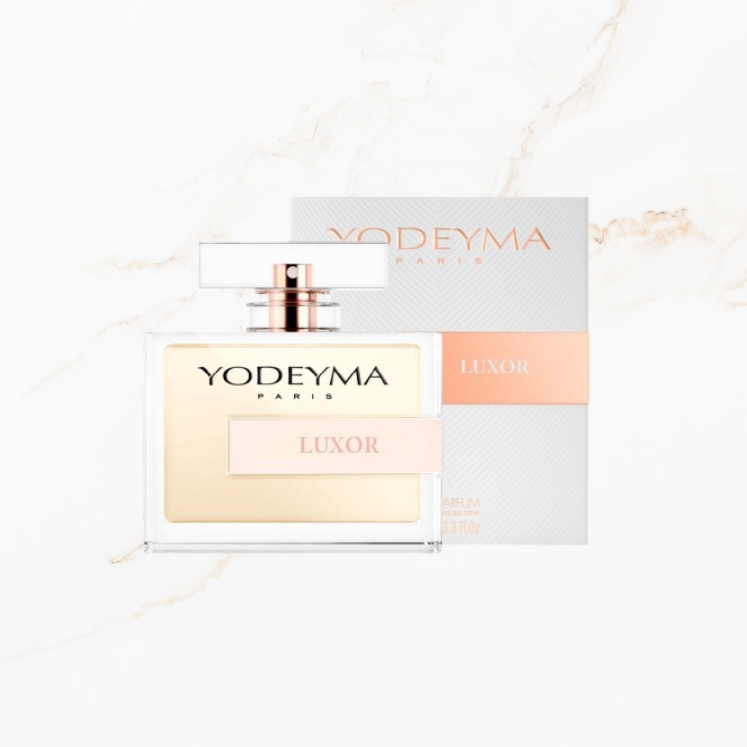 Seyso Yodeyma Luxor parfum dames warme en elegante luxe geur verkrijgbaar in 15 ml 50 ml en 100 ml stijlvolle glazen flacon zachte beige tint