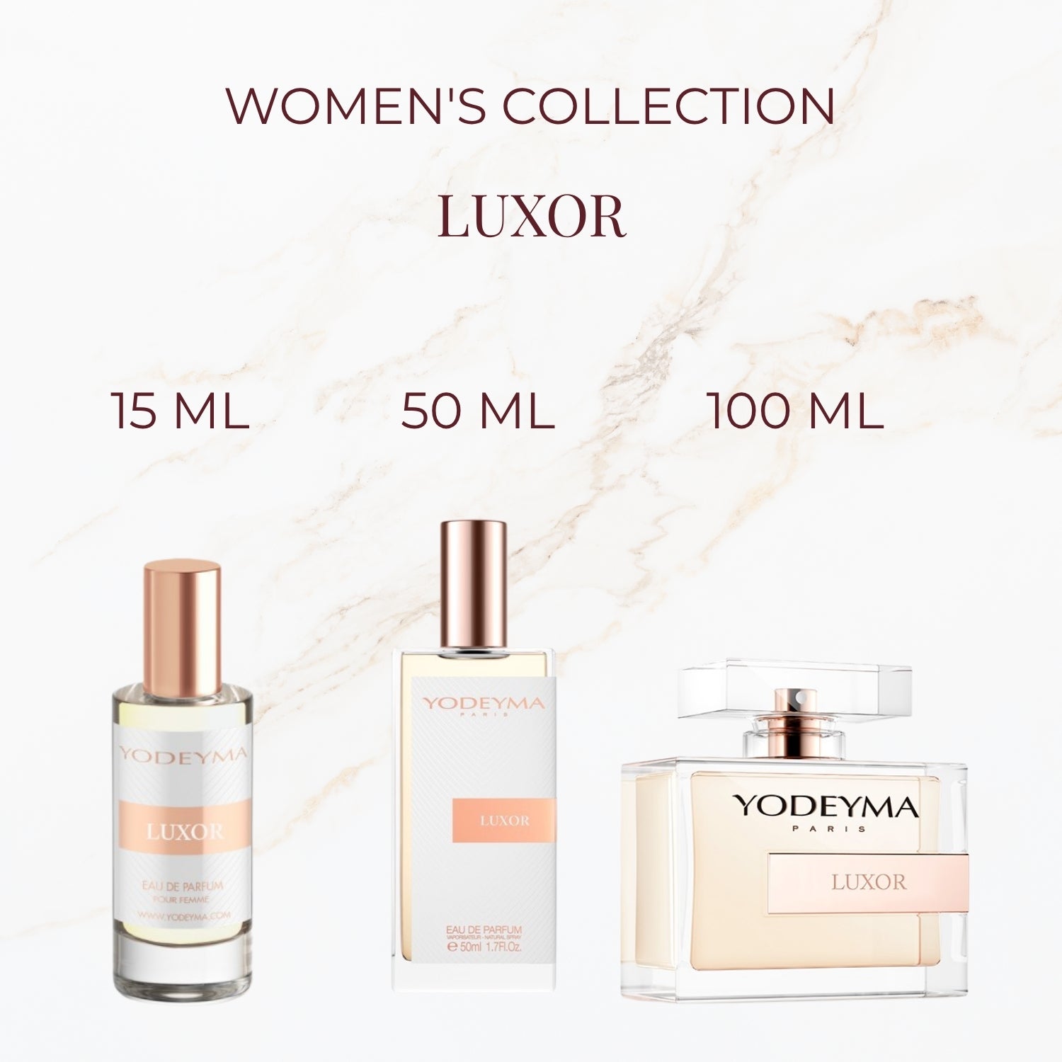 Seyso Yodeyma Luxor parfum dames warme en elegante luxe geur verkrijgbaar in 15 ml 50 ml en 100 ml stijlvolle glazen flacon zachte beige tint