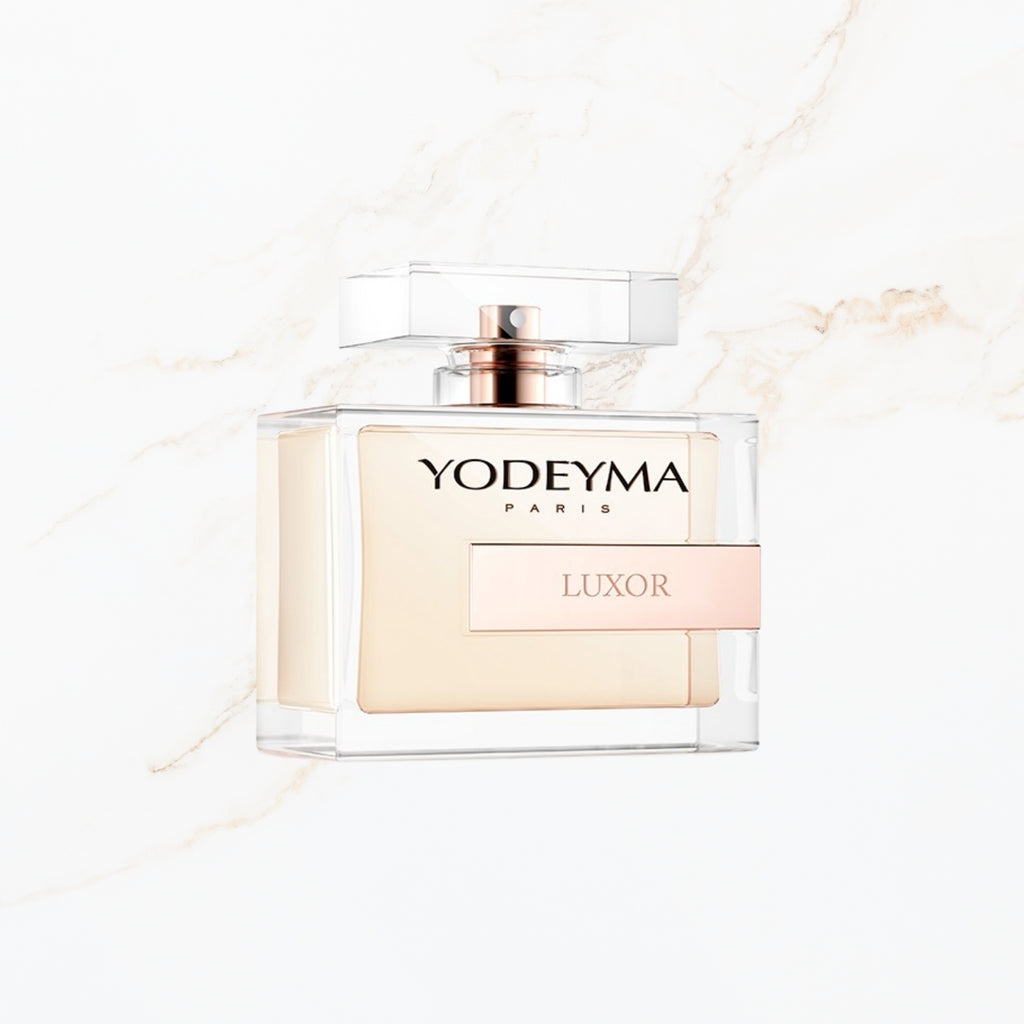 Seyso Yodeyma Luxor parfum dames warme en elegante luxe geur verkrijgbaar in 15 ml 50 ml en 100 ml stijlvolle glazen flacon zachte beige tint