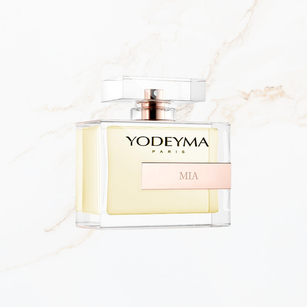 Seyso Yodeyma Mia parfum dames frisse en zachte luxe geur verkrijgbaar in 15 ml 50 ml en 100 ml elegante glazen flacon lichtgele tint