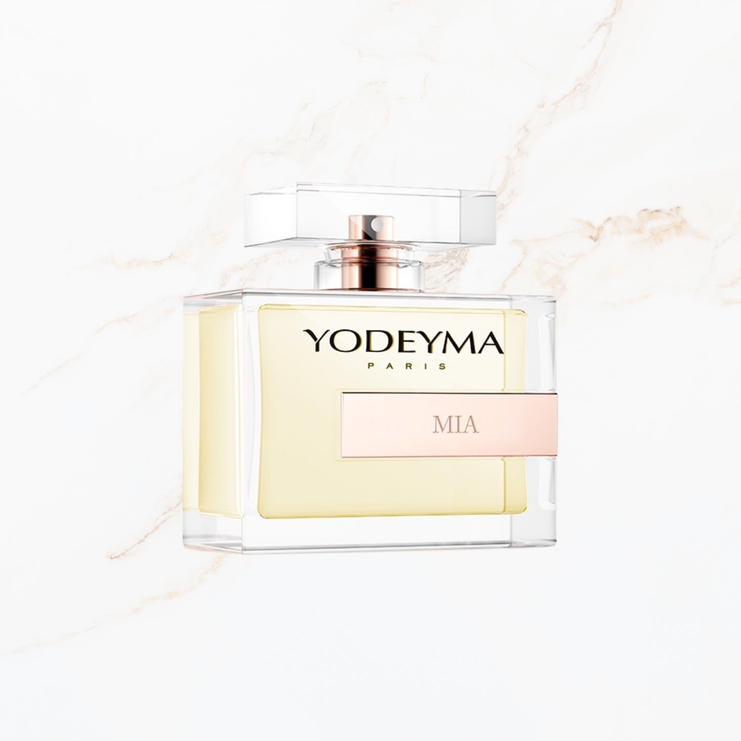 Seyso Yodeyma Mia parfum dames frisse en zachte luxe geur verkrijgbaar in 15 ml 50 ml en 100 ml elegante glazen flacon lichtgele tint