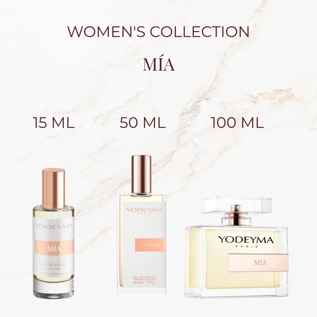 Seyso Yodeyma Mia parfum dames frisse en zachte luxe geur verkrijgbaar in 15 ml 50 ml en 100 ml elegante glazen flacon lichtgele tint