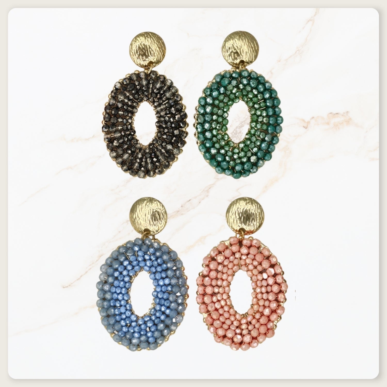 Seyso Luna Bead Oval Earrings Green met groene kralen en goudkleurige stud