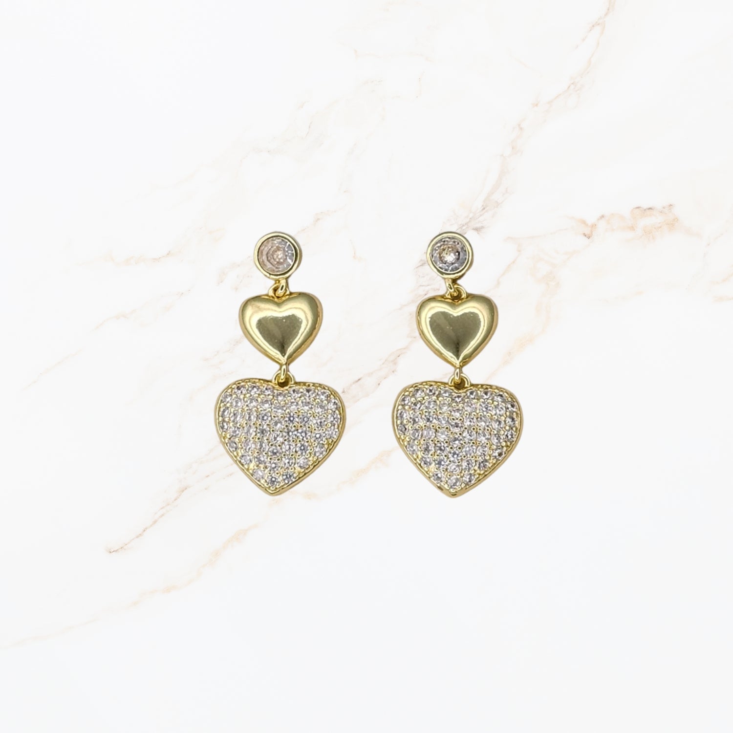 Seyso goudkleurige hart oorbellen met dubbele hartvorm en fonkelende steentjes