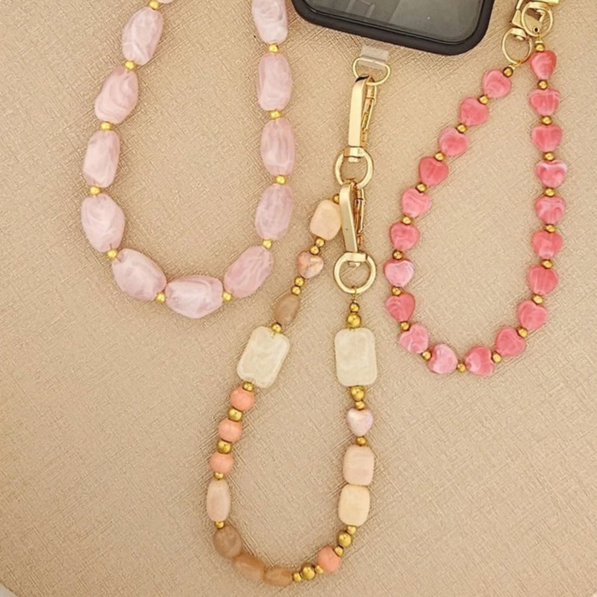 Roze beige kralenkoord voor telefoon tas hanger en sleutelhanger