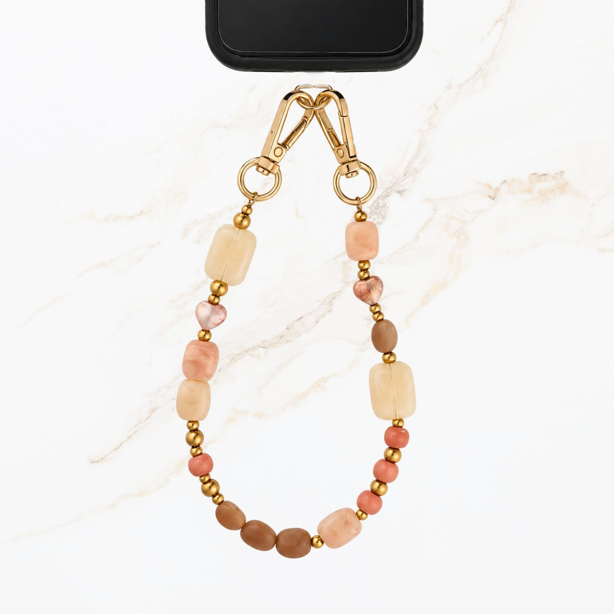 Seyso roze beige crème telefoonkoord met acryl keramische en RVS kralen