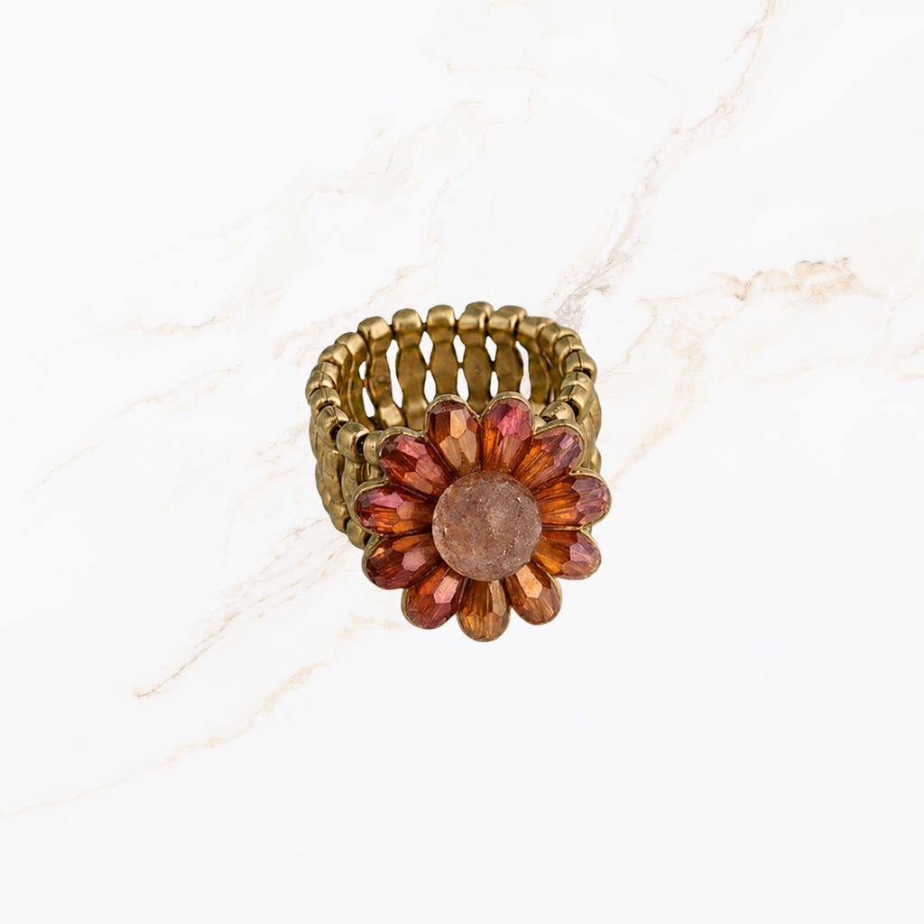 Rood bruine bloem ring met strass stenen