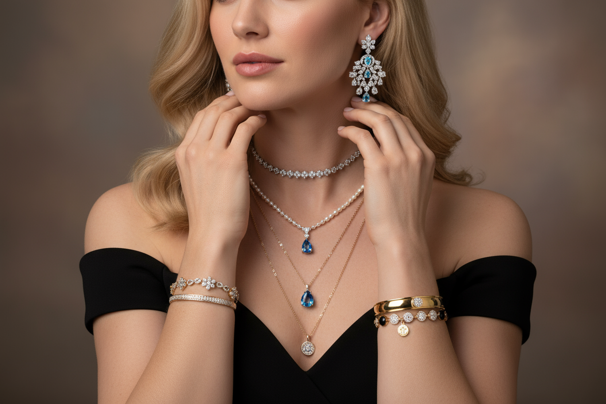 video over een blonde dame met sieraden 